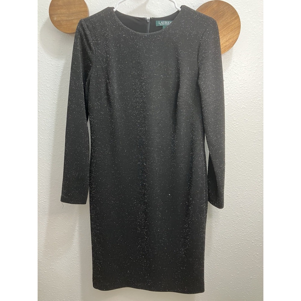 Lauren‎ Ralph Lauren 4 Black Long Sleeve Metallic Knit Knee Length Sheath Dress
